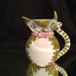 Vintage Italian Pottery Cat Creamer Pitcher 5 3/4 ",  Signed Numbered,  Blue Eyed