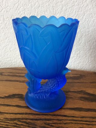 Vintage Frosted Cobalt Blue Glass Vase With Bird Stem