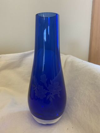 Cobalt Blue Bud Vase Etched Flowers Clear Base Signed On Bottom,  Solid & Heavy