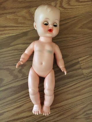 11 " Vintage Baby Doll Rubber Head Vinyl Plastic Body Eyes Open Close Wets/squeak