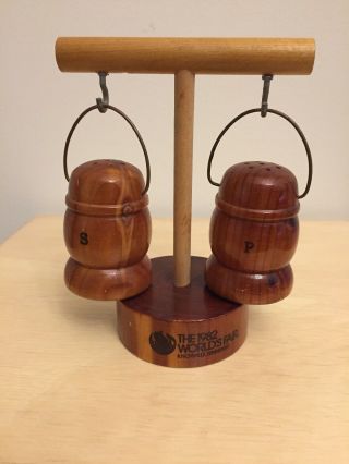 Vintage Wooden Salt & Pepper Shakers On Stand 1982 Worlds Fair Tennessee