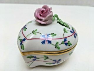 Herend Hungary Heart Shaped Trinket Box Unattached Lid W/rose Hand Painted Signd