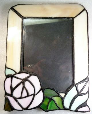 Vintage Art Nouveau Pink Cream Colored Floral Leaded Stained Glass Photo Frame