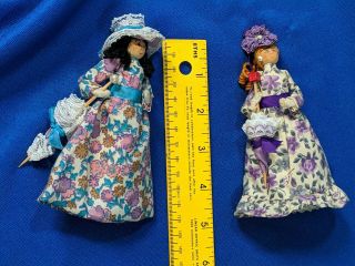 Pair 2 Vintage Clothespin Dolls Handmade Folk Art 5 " Victorian Clothing Vtg