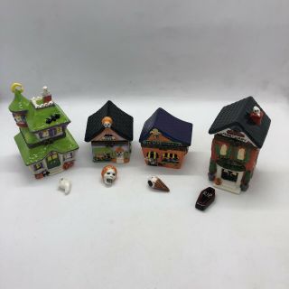 Halloween Trinket Boxes Village Houses Mortuary Eye Scream Porcelain Hinged (4)
