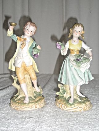 Set 2 Vintage Bisque Ethan Allen Figurines 3211a Boy Girl Grapes