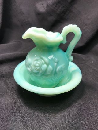 Vintage Avon Perfume/bath Bottle Pitcher/decanter Blue Green Swirl Milk Glass