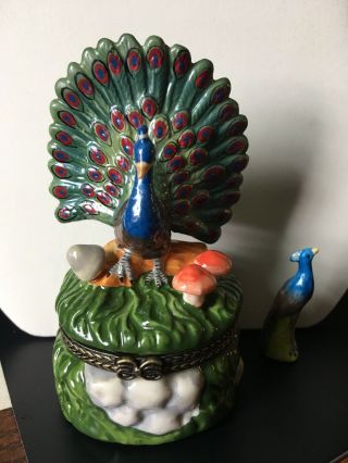 Vintage Peacock Hinged Trinket Box With Trinket,  Animal Bird
