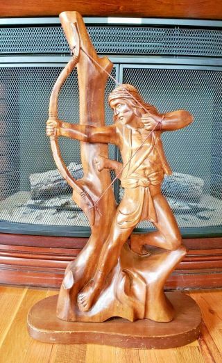 Native American Indian Carved Wooden Statue Figurine 26 " Bow Hunting Hunter