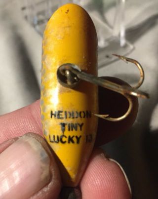 Vintage Fishing Bait Lure 2 " Heddon Tiny Lucky 13 Wood Paint Yellow Silver Spots