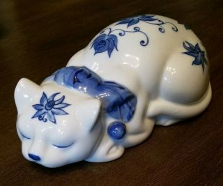 Vintage Andrea By Sadek Sleeping Cat Blue & White Floral Porcelain Figurine