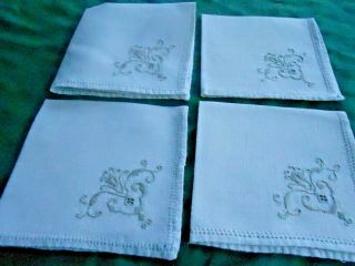 4 Napkins,  Off White Linen/ A Hand Embroidered Needle Lace Corner,  Vintage 1920
