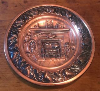 Vintage Metal Wall Hanging Plate Copper Tone Fire Place Scene Acorn Edging 10.  5 "