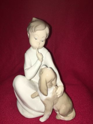 Retired Lladro 4522,  Boy With Dog,  " Quiet ",  Bisque,  8 " Tall 5 3/4 " D,