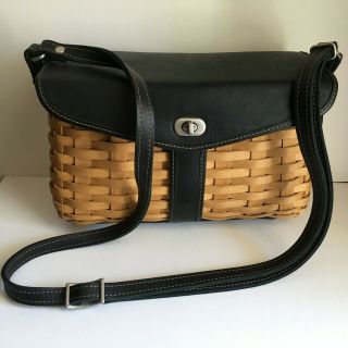 Longaberger Basket Handbag Black Leather Trimmed Shoulder Bag Purse