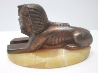 Vtg Egyptian Hand Made Souvenir Sphinx Paperweight Metal Statuette Marble Base