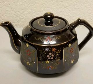 Vintage Brown Glazed Teapot With Hand Painted Floral Design,  Made In Japan