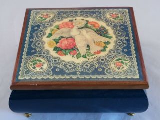 Doves Floral Blue Square Music Box Plays " Where Do I Begin "