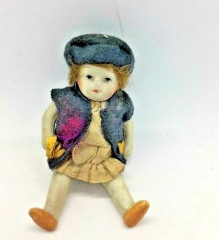 Vintage Bisque Doll.  4 " Jointed Arms Legs W/wire.  Clothed.  Needs Cleaning.