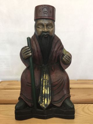 Wooden Hand Carved Chinese Japanese Old Wise Man Statue Figurine With Cane 10 "