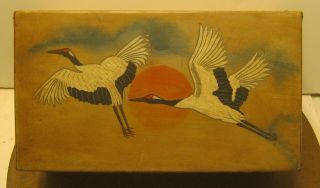 Hand Painted Leather Covered Asian Wooden Box W Cranes