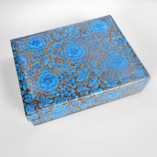 Black Lacquered Wood Trinket Box Decor Painted Blue Floral Business Card Size