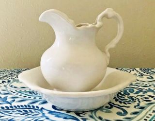 White Glazed Ceramic Pottery Pitcher & Bowl Basin 907