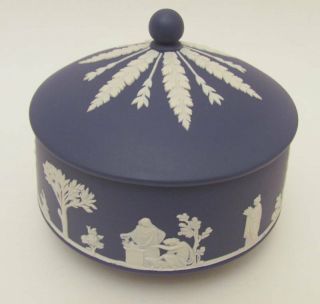 Vintage Dark Blue Wedgwood Covered Box Trinket Jar Classical Decoration.  Marked