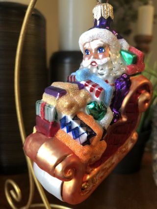 Vtg Christopher Radko Santa In Sleigh 3 " Glass Gem Ornament