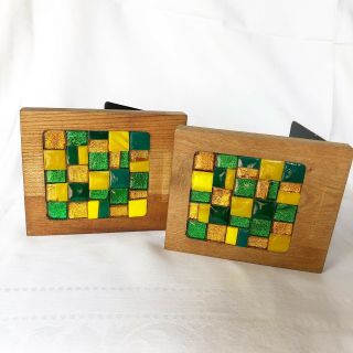 2 Vintage Mid Century Modern Wood Japan Nasco Bookends Stain Glass Tiles & Wood