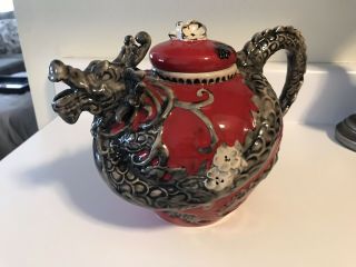 Red Dragon Teapot Ceramic Collectable Kitchen Decor Blue Sky Heather Goldminc