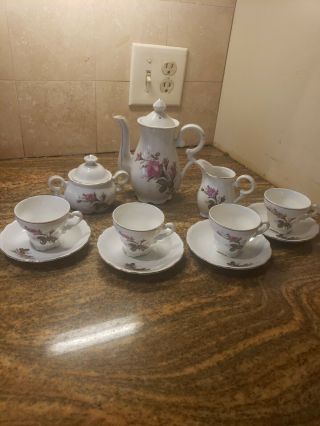 China Tea Set - White With Rose Pattern - Gold Trim - Setting For 4