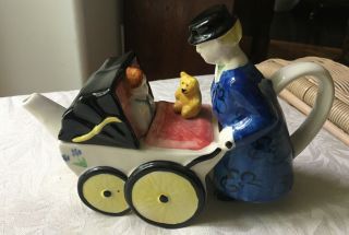 Authentic Tony Carter Teapot: Nanny Pushing Baby Pram Stroller - England