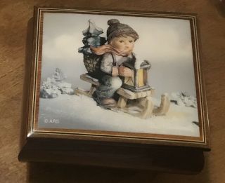 Reuge Swiss Wooden Music Box - Authentic Hummel Boy On Sled In Snow.