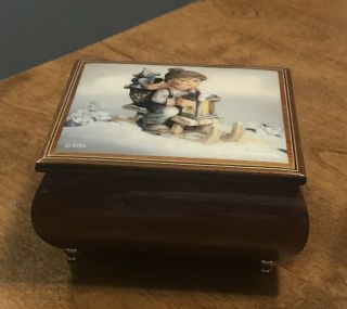 Reuge Swiss Wooden Music Box - Authentic Hummel Boy on sled in snow. 2