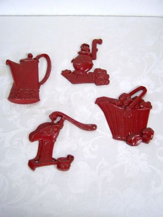 Wall Hanging Kitchen Decor Set Of 4 Red Vintage Cast Iron