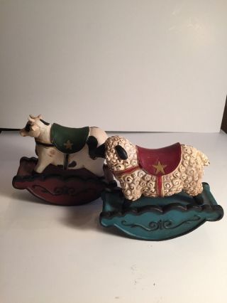 Wood Sheep And Cow On Rockers Saddle Nantucket Mark Folk Art Hand Done