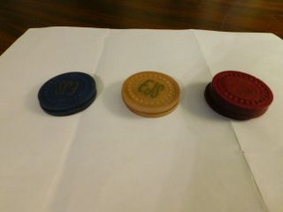 9 Antique Vintage Clay Poker Chips Tan & Red Gambling Marked Ejs On Both Sides