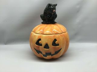 Fitz & Floyd Halloween Candy Dish Cat On A Jack O Lantern 1988