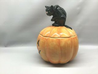 Fitz & Floyd Halloween Candy Dish Cat on a Jack O Lantern 1988 4