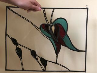 Vintage Craft Art Stain Glass Wood Framed Window Wall Hanging Picture
