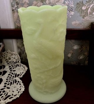 Vintage Marked “fenton” Yellow Vase 8” Peacock Garden Satin Custard Glass?