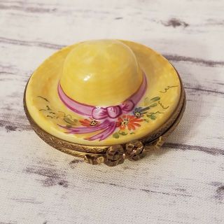 Limoges France Peint Main Trinket Box Hinged Hat Yellow Flowers