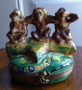 Limoges Rochard Porcelain Trinket Box Three Monkeys See Hear Speak No Evil Snake