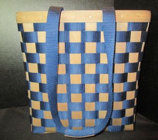 Longaberger Tote Basket Plastic Liner Pocket Navy Blue Woven Design 12 1/2 " Tall