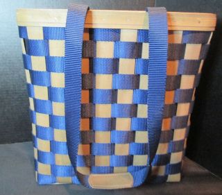 Longaberger Tote Basket Plastic Liner Pocket Navy Blue Woven Design 12 1/2 