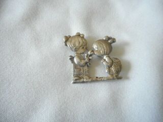 Vintage Sterling Silver Precious Moments Little Girls Smelling Flowers Brooch