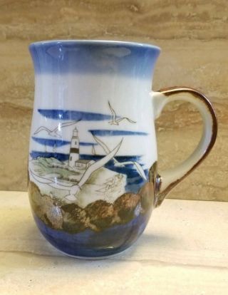 Vintage Otagiri Seagull Mug Stoneware Coffee Cup Lighthouse Nautical Ocean Japan