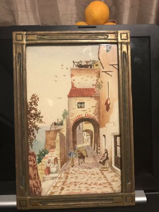 Vintage “european Village’ Watercolor Painting Framed.  Artist Unknown