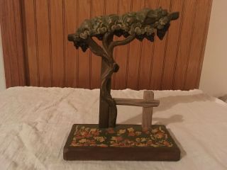 Vintage Anri Wood Carving Display Stand Backdrop Scenery Tree Fence Fall Leaves